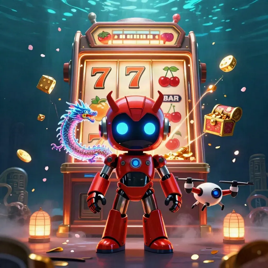 Crimson cyber robot, hologram dragon, coin drone, and exploding slot machine over dark teal water.