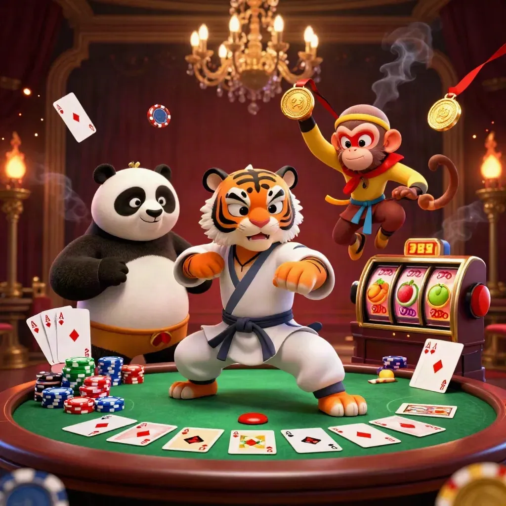 Kung-fu tiger, panda, and monkey in a luxury casino splash scene with cards, chips, reels, and gold sparks