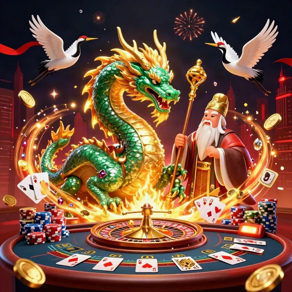 Jade dragon, turtle sage, and cranes amid casino chips, coins, and a spinning roulette wheel.