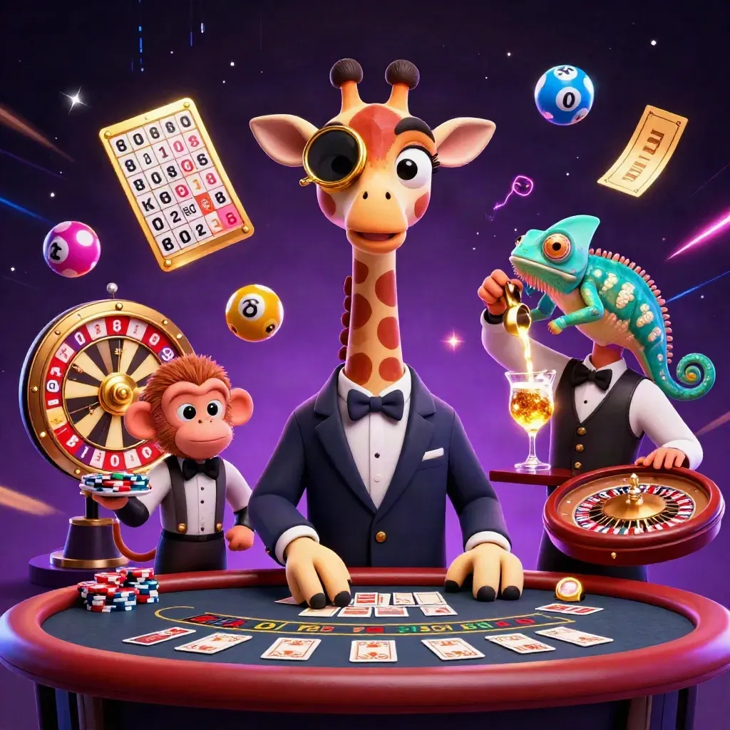 Giraffe high roller, monkey valet and chameleon bartender amid casino icons on a dark neon stage.
