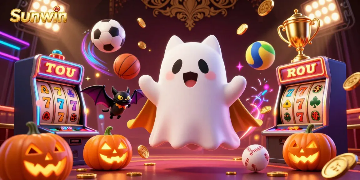 Experience the thrilling games at Sunwin with a cartoon ghost cat and sports elements in a vibrant casino.
