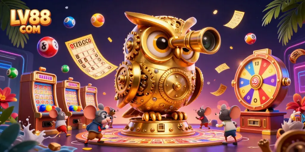 Experience excitement at LV88 COM with a whimsical illustration of a golden owl surveying a vibrant casino.