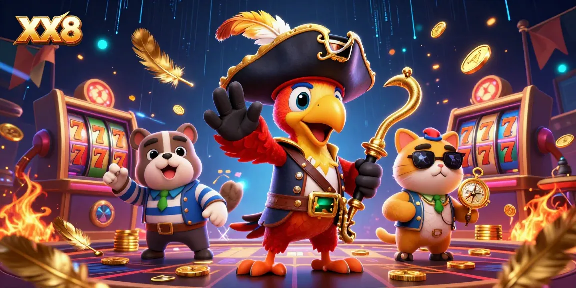 Join the exciting gaming adventure with XX8's animated pirate and loyal companions in a rich casino scene.