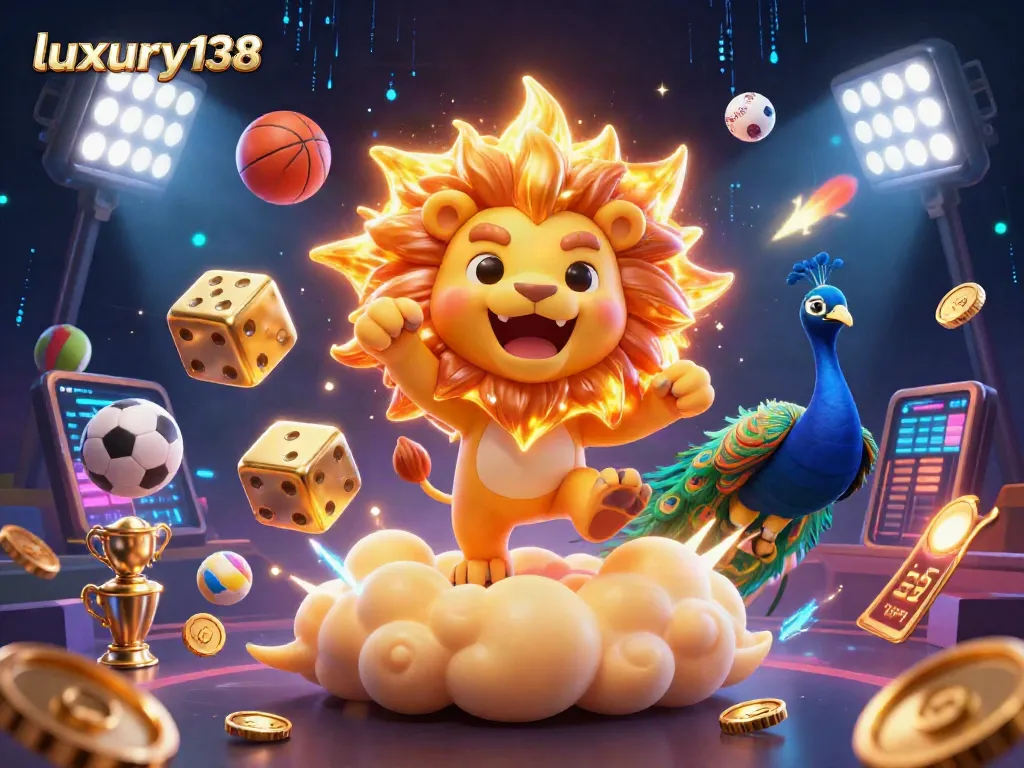 Experience luxury138 online gaming with a vibrant scene of sports, characters, and thrilling gambling elements.