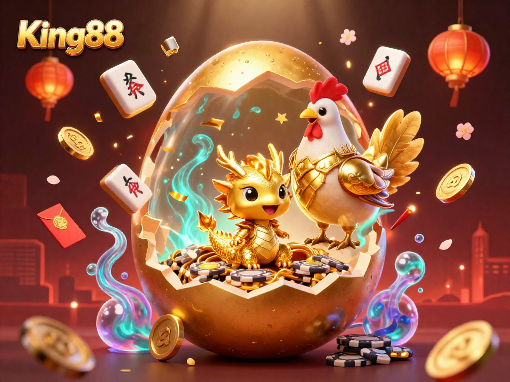 Experience epic wins at King88 with a golden dragon guardian and vibrant casino elements.