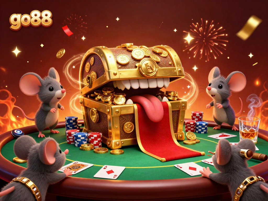 Experience the excitement of go88 with poker chips and golden treasures in this vibrant casino scene.