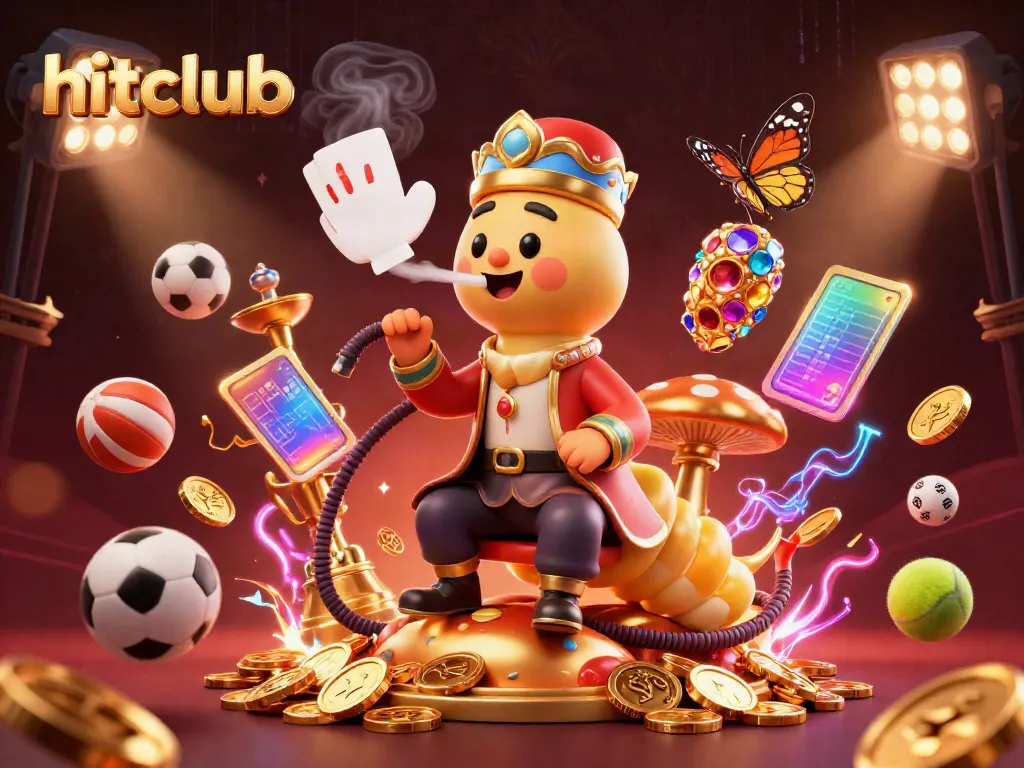 Engage in thrilling gameplay with hitclub; vibrant casino scene featuring a caterpillar in a Turkish outfit, poker symbols, and dynamic sports elements.