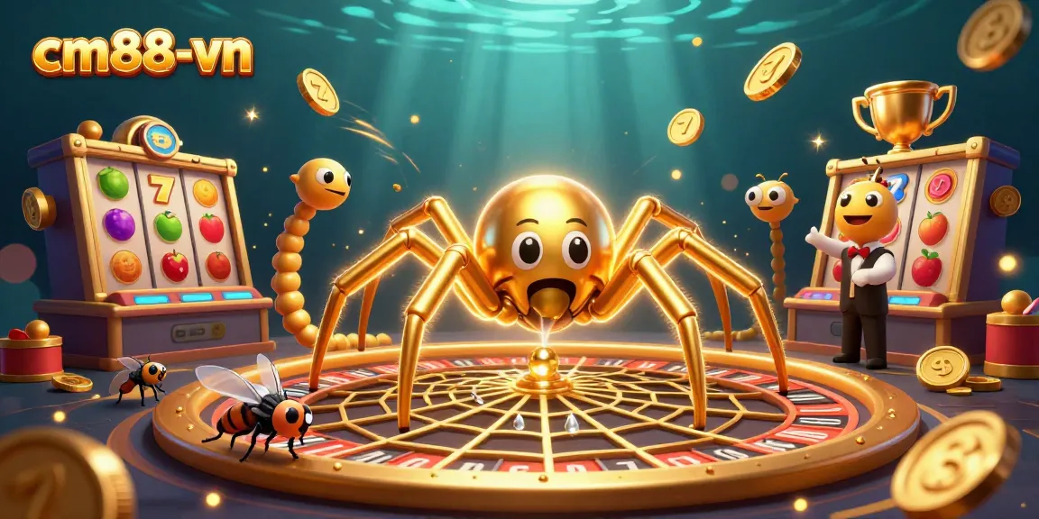 Betting at cm88-vn features a golden spider spinning a roulette wheel web and dynamic slots.