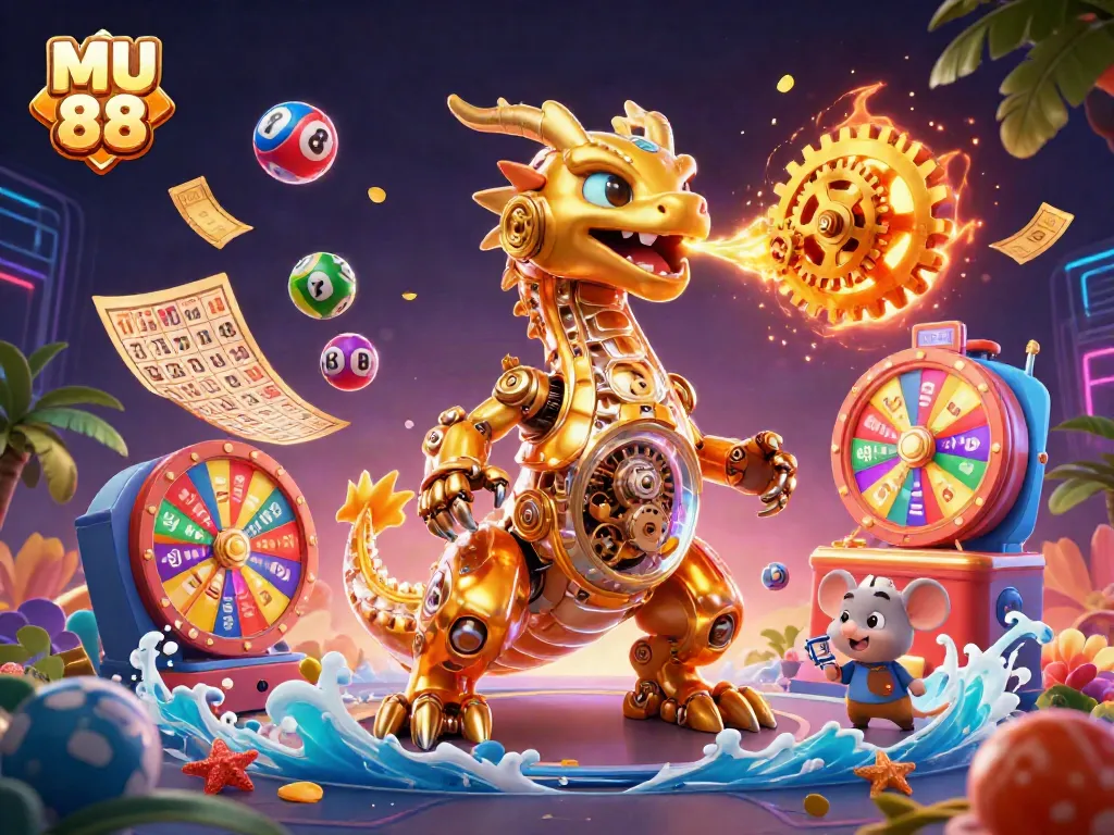 Experience the excitement of MU 88 with a vibrant casino-themed illustration showcasing lottery elements and games.