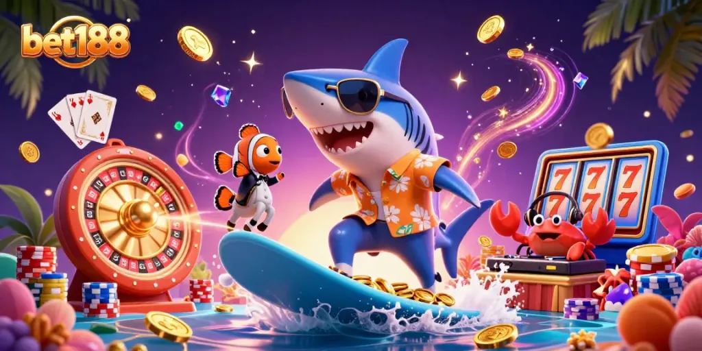 Bet188 excitement unfolds with a hammer-head shark surfing gold coins, delivering thrilling casino action.