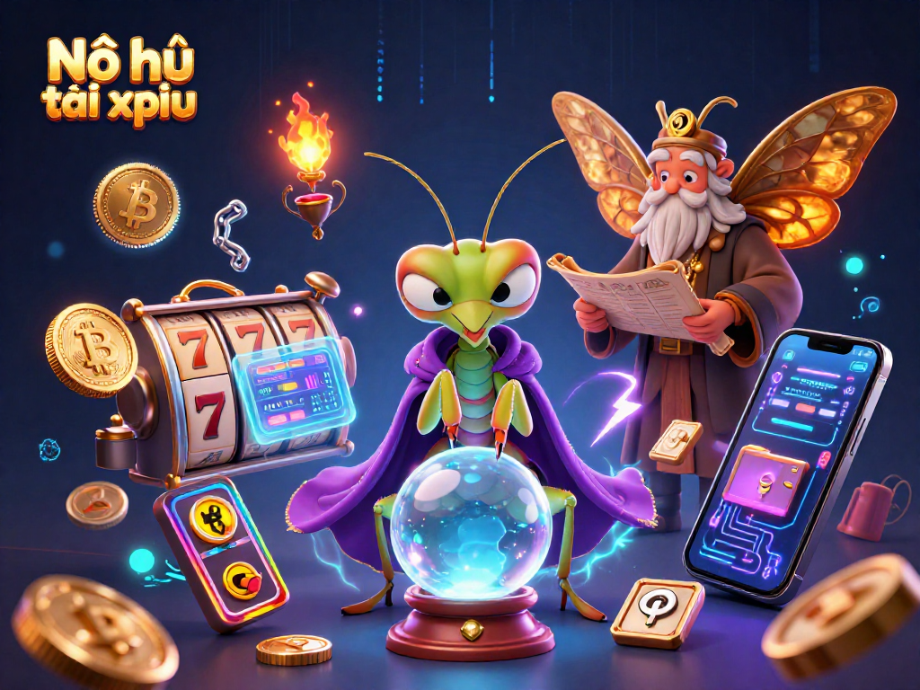 Experience Nổ hũ tài xỉu in this vibrant casino-themed illustration with animated elements.