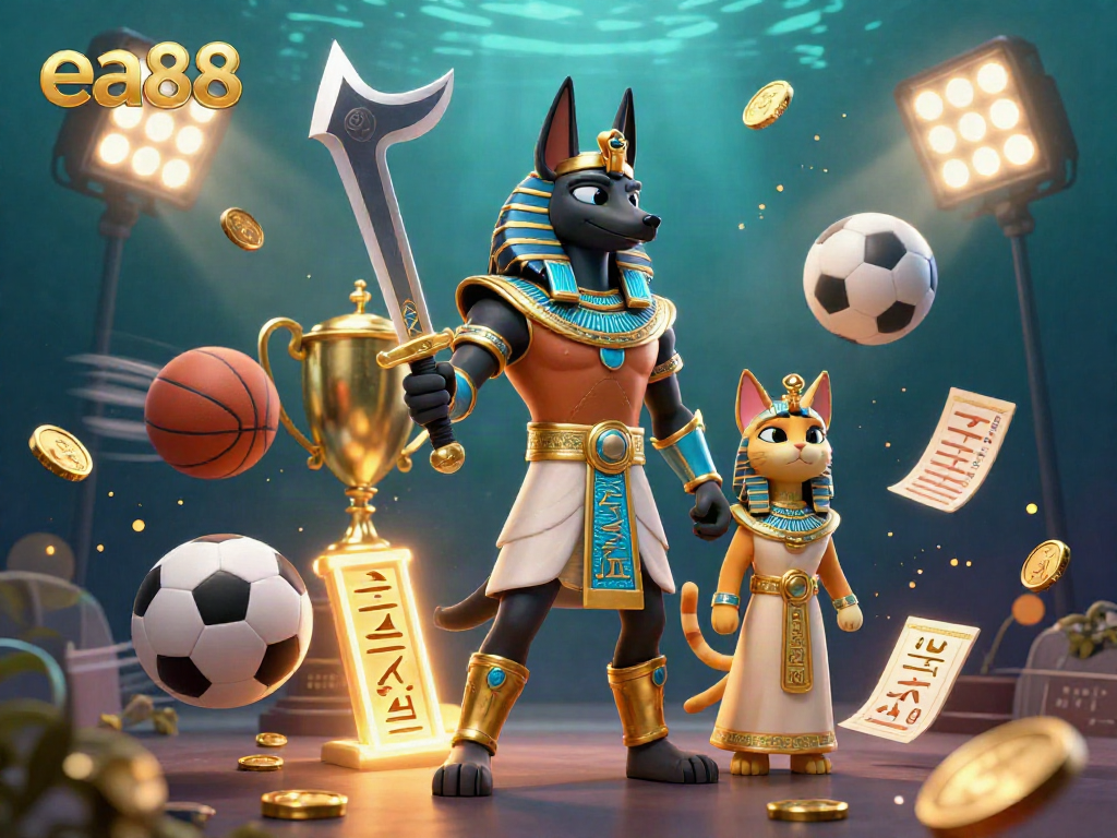 Experience ea88 action with Anubis and Bastet amidst sports betting excitement and glowing odds.