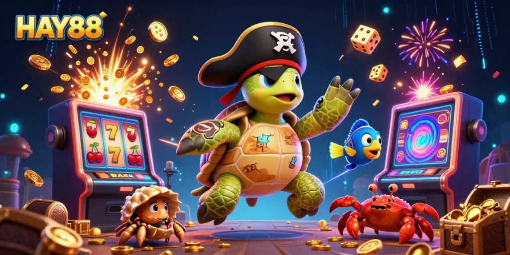 Immerse in HAY88's dynamic online casino atmosphere with pirate turtle, crab, and parrotfish amidst jackpots.