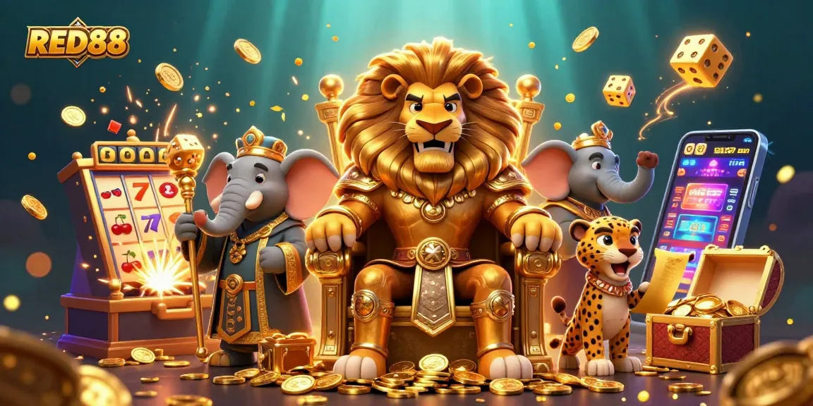 Experience thrilling wins at RED88 with a vibrant 3D casino scene full of excitement and dynamic gaming elements.