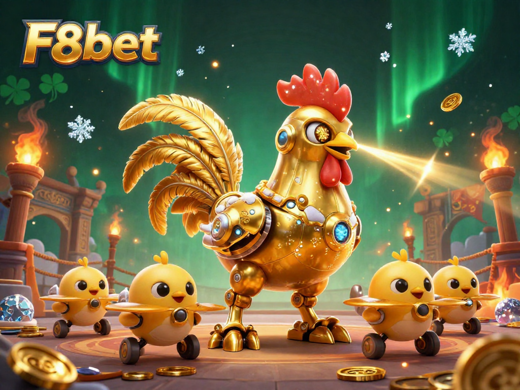 Engage in thrilling gameplay at F8bet with vivid casino scene featuring a golden rooster robot.