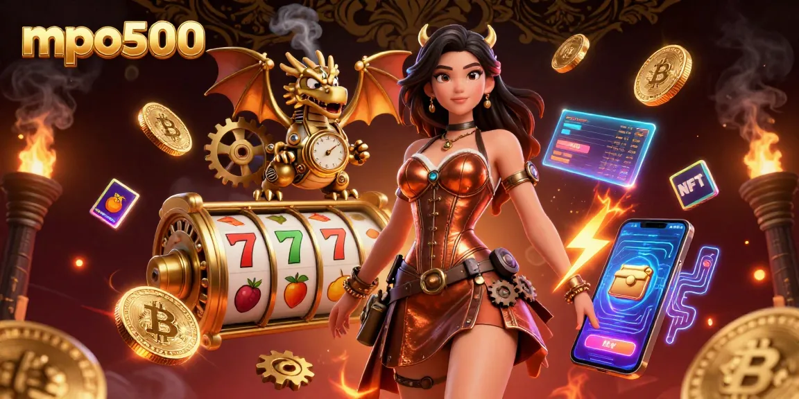 Engage in thrilling MPO500 casino action featuring vibrant slot reels and crypto elements.