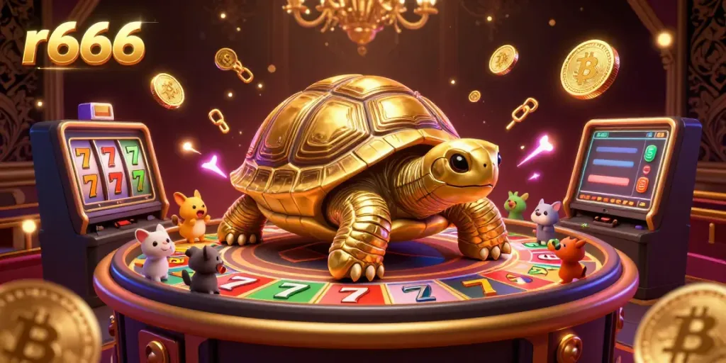 Experience the thrilling world of r666 with vibrant casino games and unique golden tortoise pinball machine.