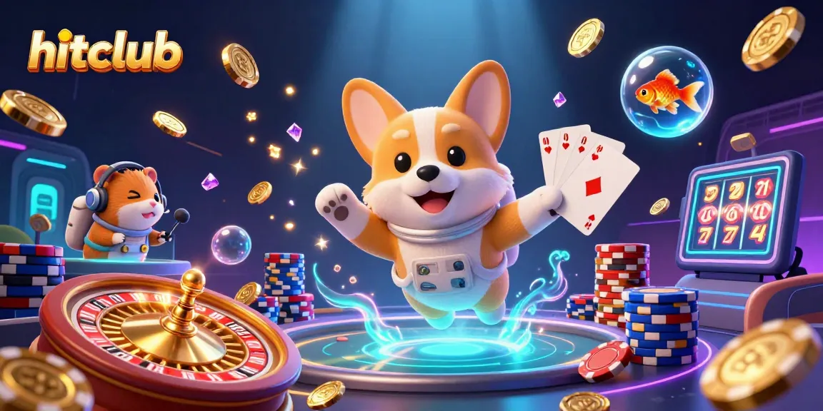 Watch the hitclub astronaut corgi enjoying casino fun with floating coins and vibrant gaming elements