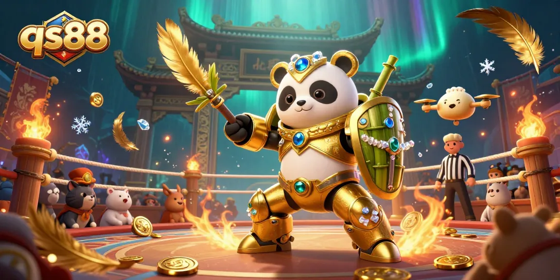 Experience thrilling gameplay at qs88 with a dynamic scene featuring a golden panda in a mech-suit amidst vibrant casino elements.