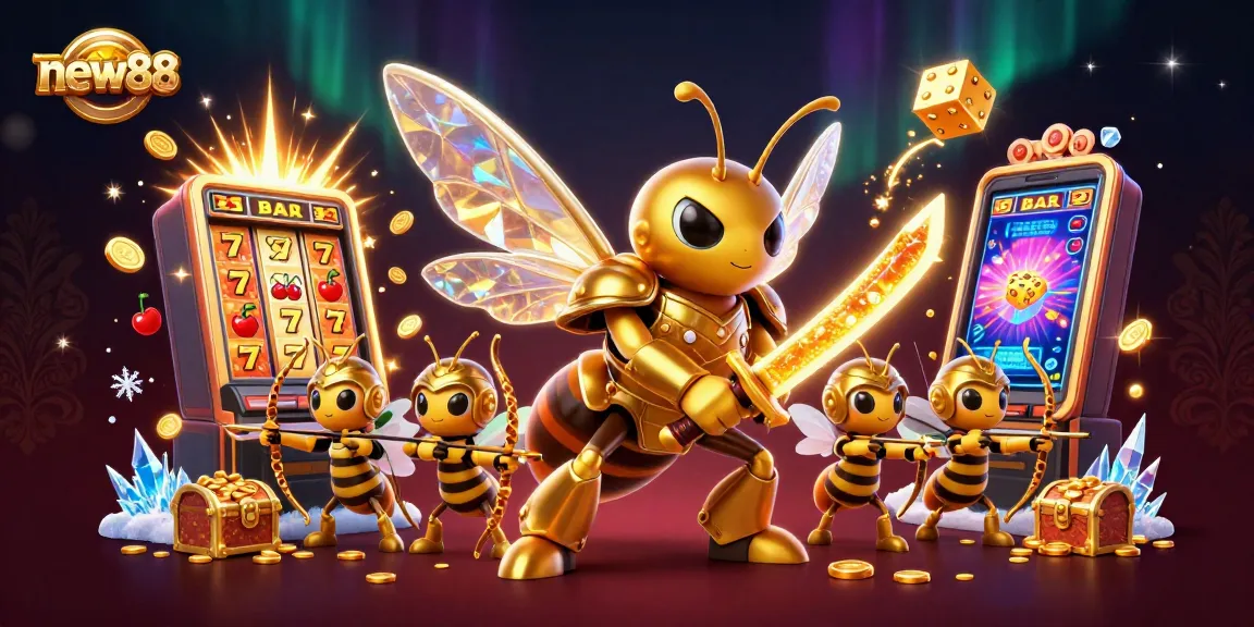 Experience new88's vibrant casino world with golden hornets and rolling jackpots in a thrilling 3D illustration.