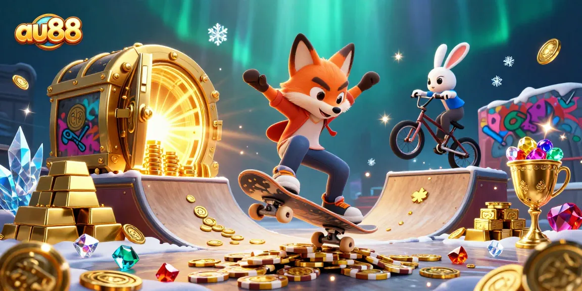 Discover exciting gaming adventures with au88's vibrant casino scene featuring dynamic characters and treasures.