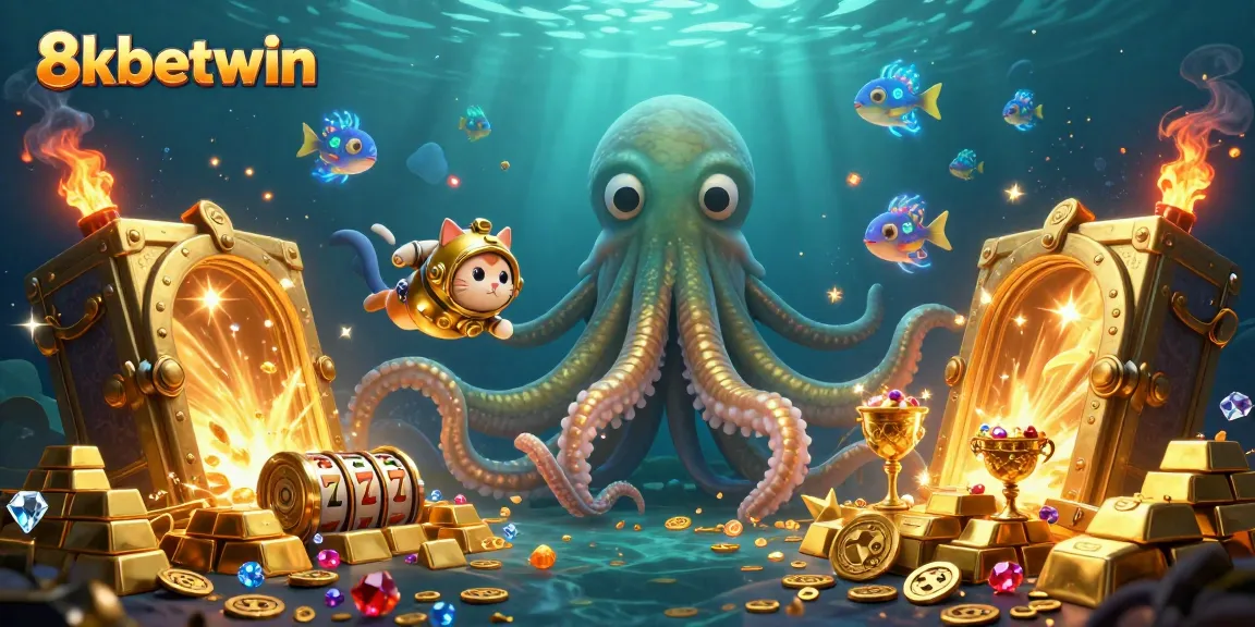 Engage with 8kbetwin's vibrant gaming scene featuring a kraken, diving cat, and treasures.