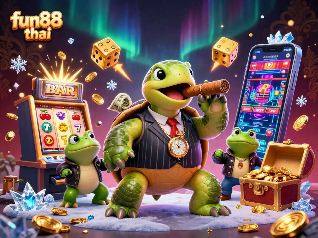 Engage with fun88 thai at a vibrant casino scene featuring cartoon turtle mobster and jackpot excitement.