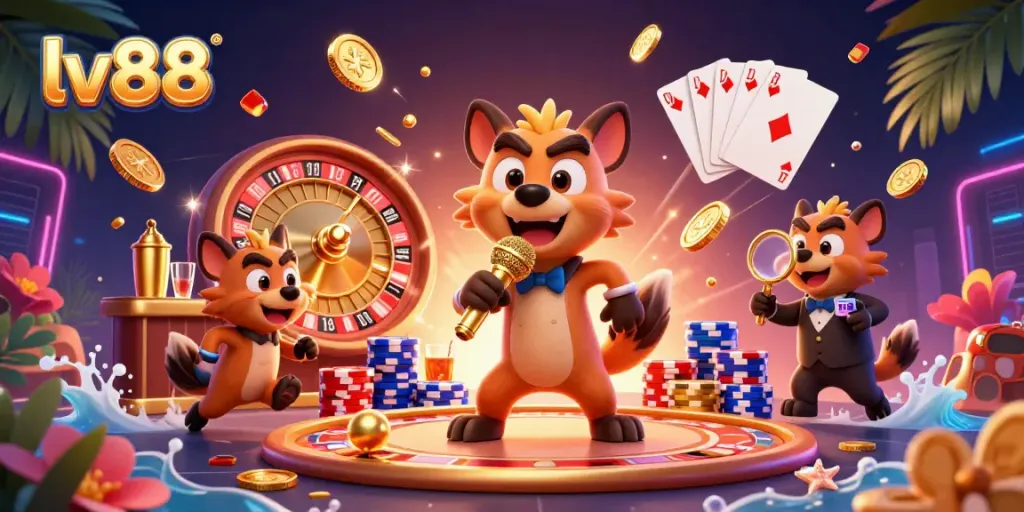 Engage in thrilling gameplay at lv88's vibrant comedy casino, featuring lively hyenas amidst golden coins and roulette.