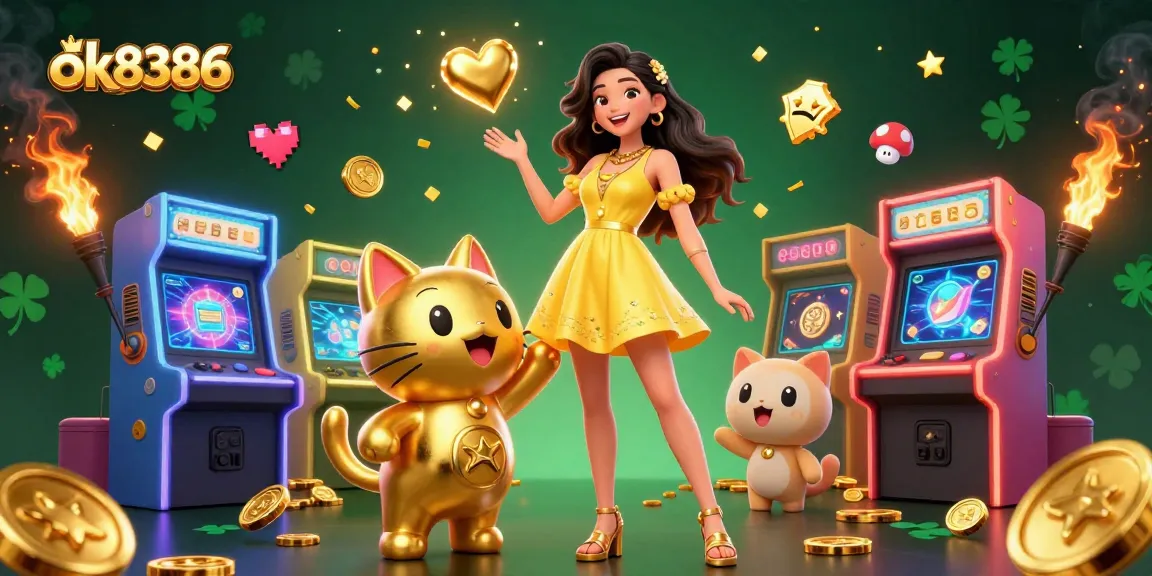 Engage with the vibrant ok8386 online gaming scene featuring a joyful Asian woman and a lucky cat.