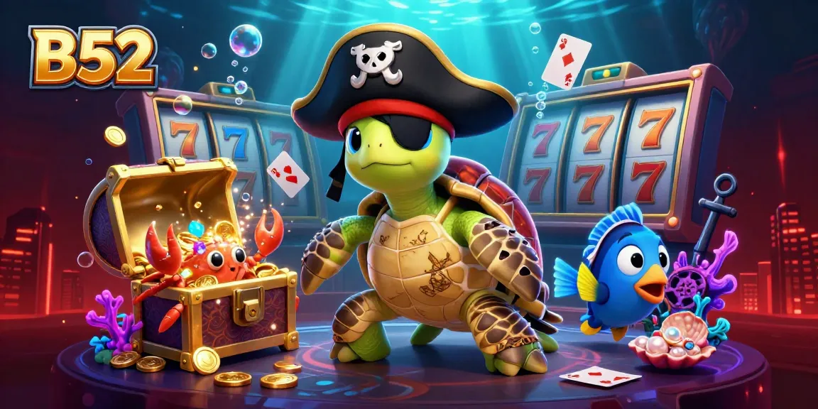 B52 casino scene with pirate turtle, hermit crab, parrotfish celebrating big wins amidst underwater treasures and vibrant colors.