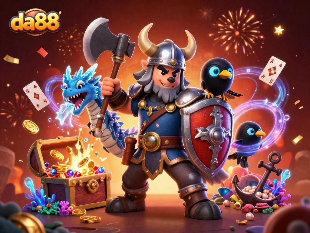 Experience winning at da88 with a thrilling 3D illustration showcasing a Viking warrior and dragon.
