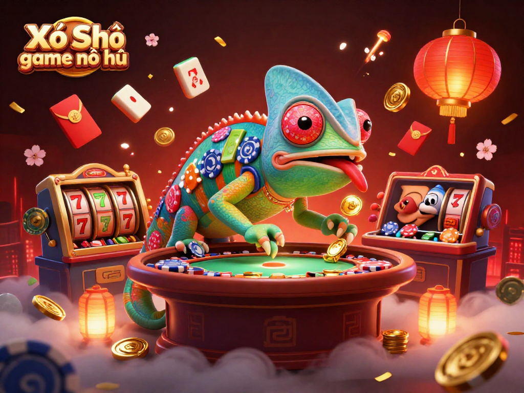 Xổ Số game nổ hũ gameplay scene with a vibrant chameleon casino owner, slot reels, and festive elements