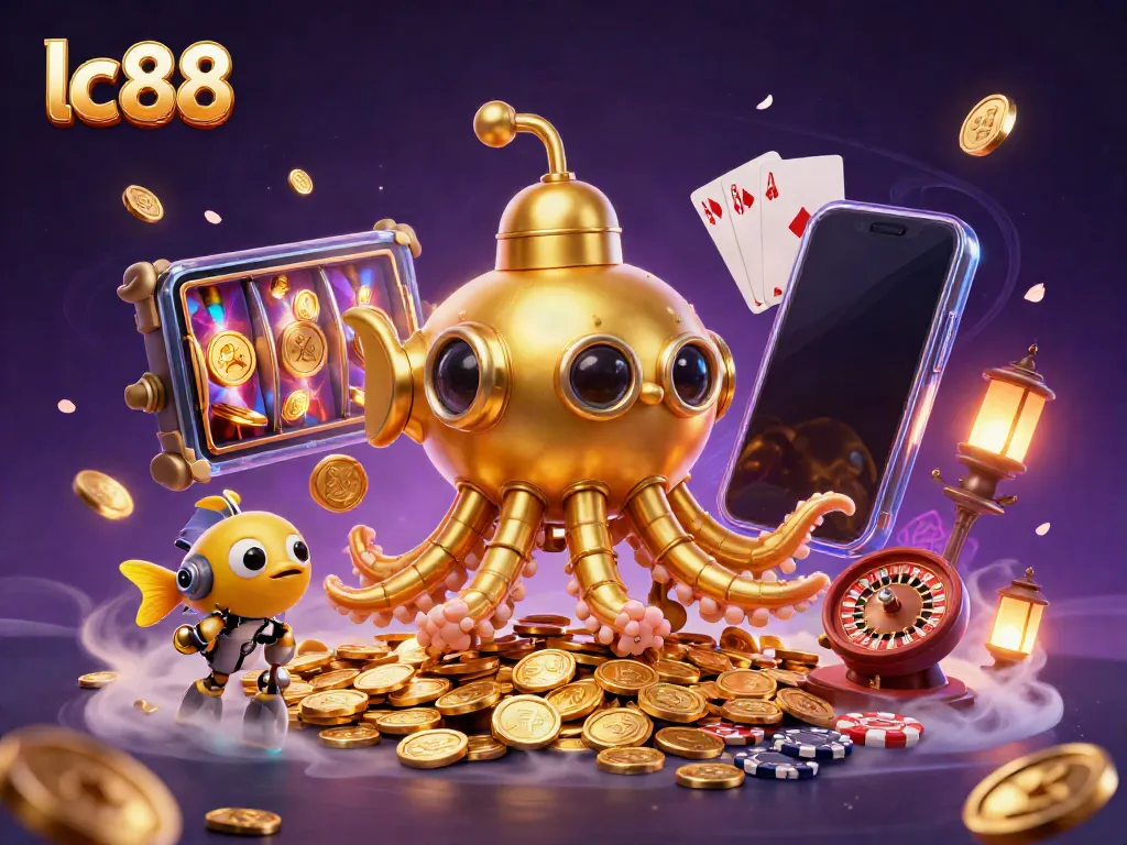 Engage with exciting games at lc88, featuring a vibrant 3D scene of a golden kraken submarine amidst jackpots and slot machines.