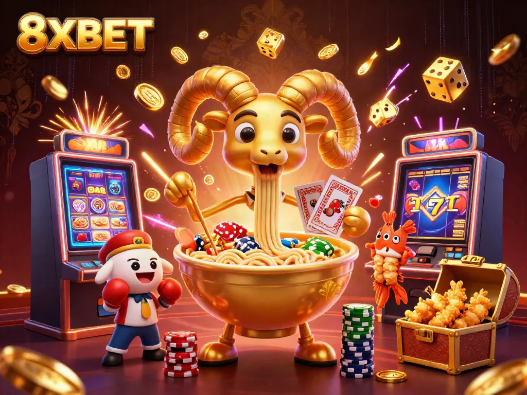 Experience the thrill of winning at 8XBET with a lively casino-themed illustration featuring exciting games and characters.