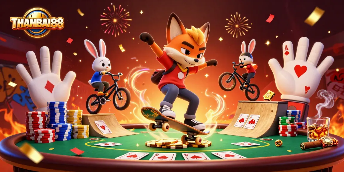 THANBAI88 offers vibrant action with skateboarder and BMX rabbit, set in a thrilling casino scene.