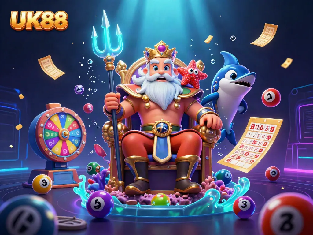 Engaging UK88 gaming scene with Neptune and vibrant lottery elements