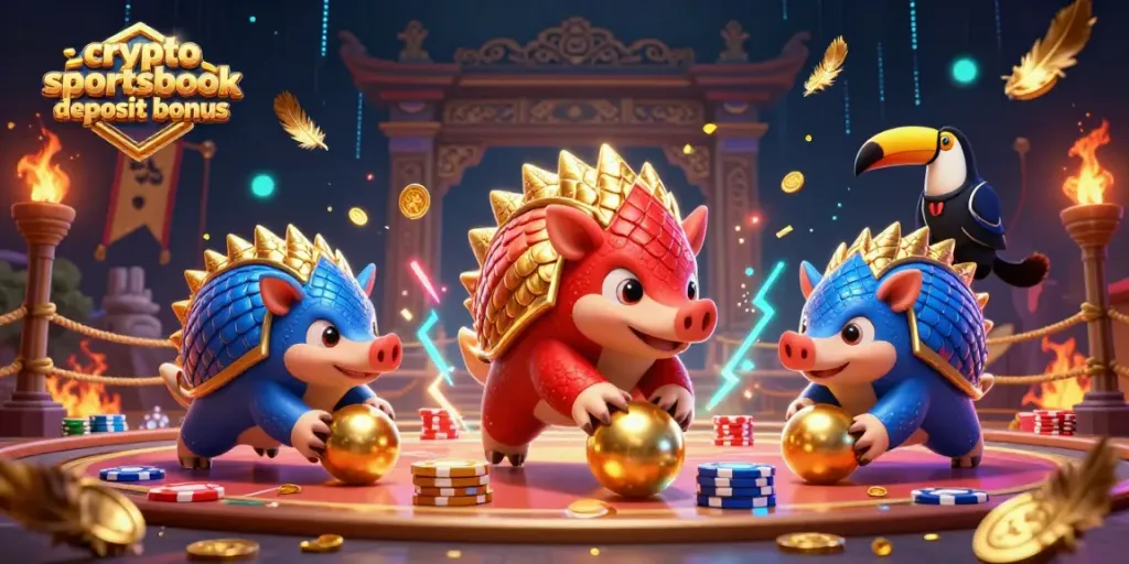 Experience the exciting crypto sportsbook deposit bonus in an action-packed scene of playful pangolins.
