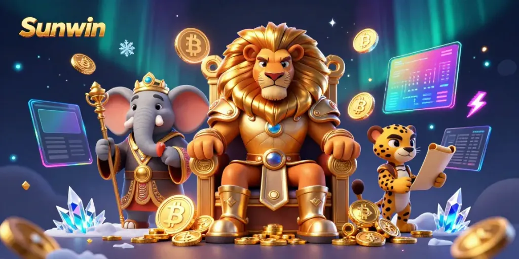 Experience the dynamic world of Sunwin with vibrant casino characters and crypto elements.