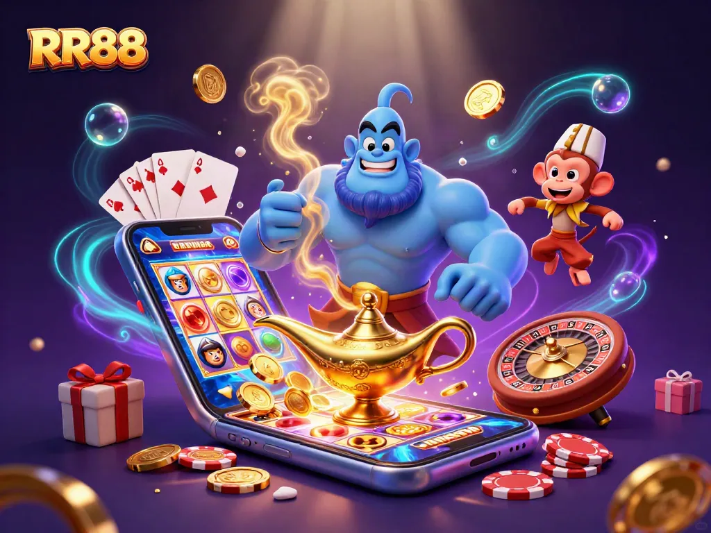 RR88 showcases the magic of online betting with a genie, slot games, and a vibrant casino atmosphere.