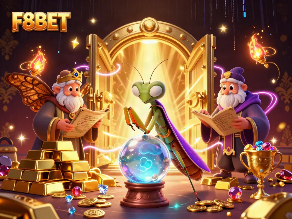 Experience the thrill of F8BET with vibrant 3D characters and sparkling treasures in a mystical casino environment.