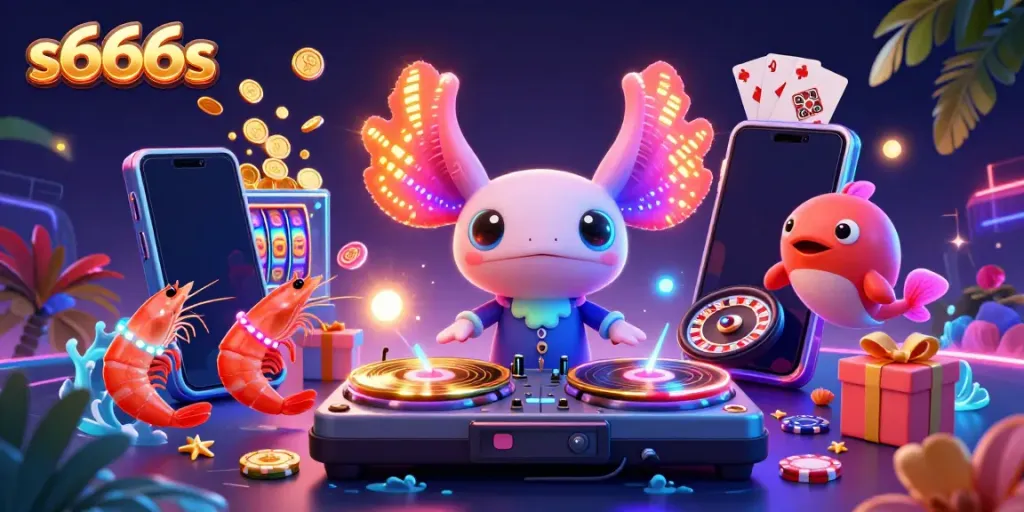 Engaging scene of the s666s casino with a neon axolotl DJ and festive gaming elements.