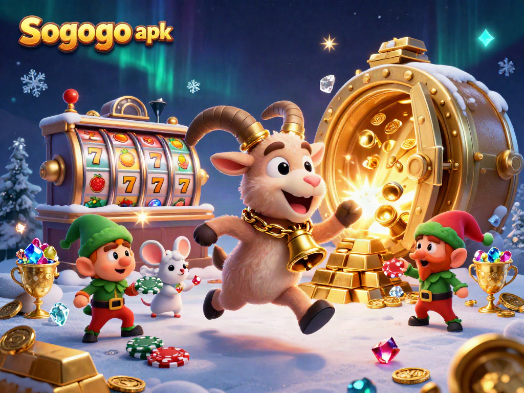 Sogogo apk brings holiday excitement with 3D Krampus in a vibrant casino scene filled with treasures and charms.