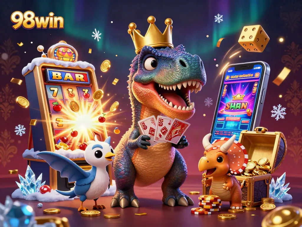 Interact with the thrilling world of 98win, featuring vibrant characters, jackpots, and casino elements.