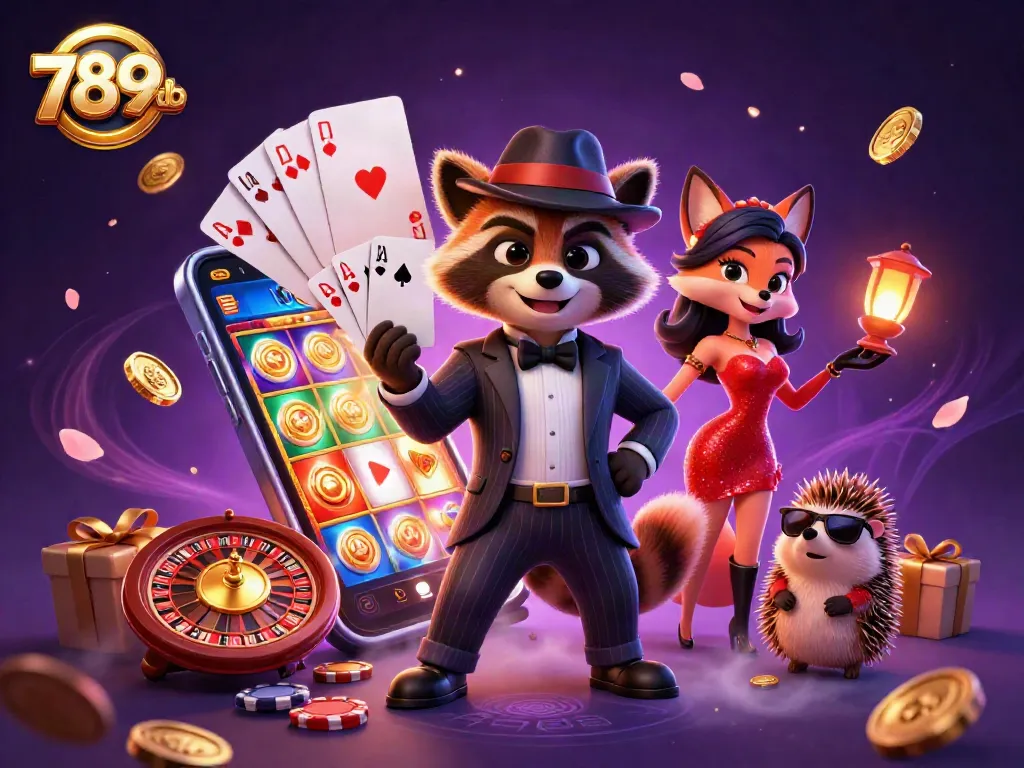 Play exciting games at 789club with a delightful raccoon, fox, and hedgehog in a vibrant casino scene.