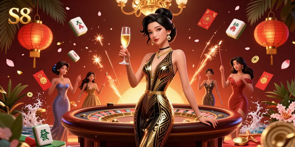 S8 offers an elegant casino experience, showcasing a sophisticated woman amidst vibrant gaming elements.