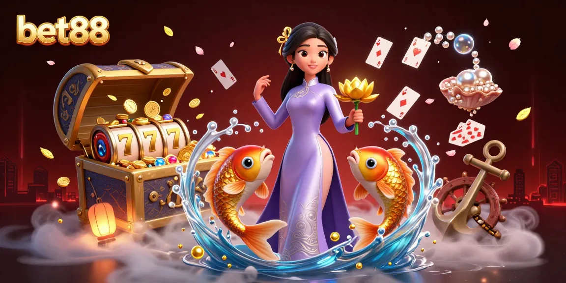 Win at bet88 with vibrant slots and golden koi in an enchanting casino scene.