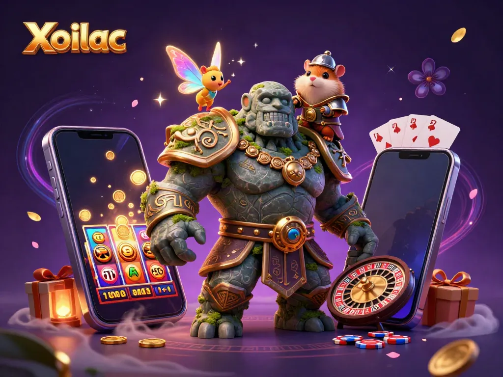 Xoilac brings excitement with a golem guardian, fairy magic, and a hamster knight in a vibrant casino scene.