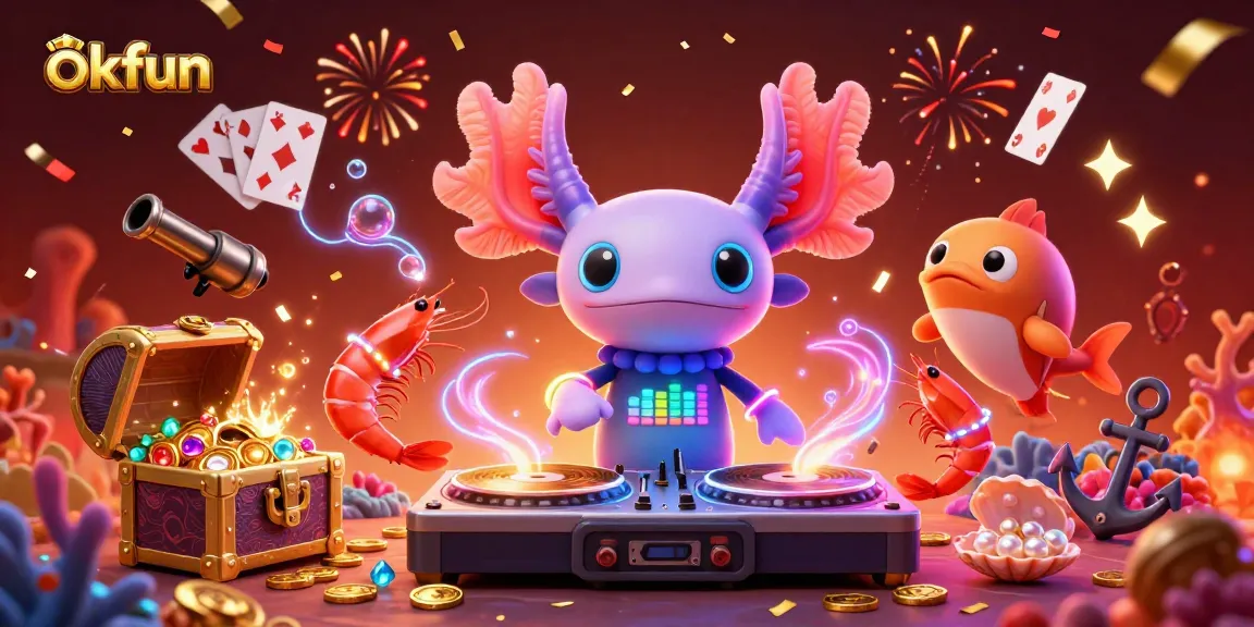 Experience the vibrant energy at okfun, where a neon axolotl DJ spins tracks while gold coins rain down!