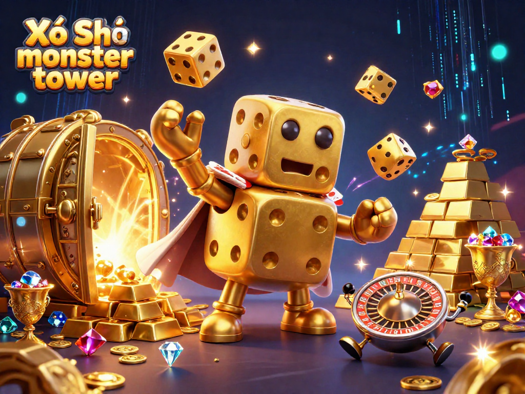 Xổ Số monster tower: Experience thrilling gameplay with a golden dice golem amidst a treasure-filled casino scene.