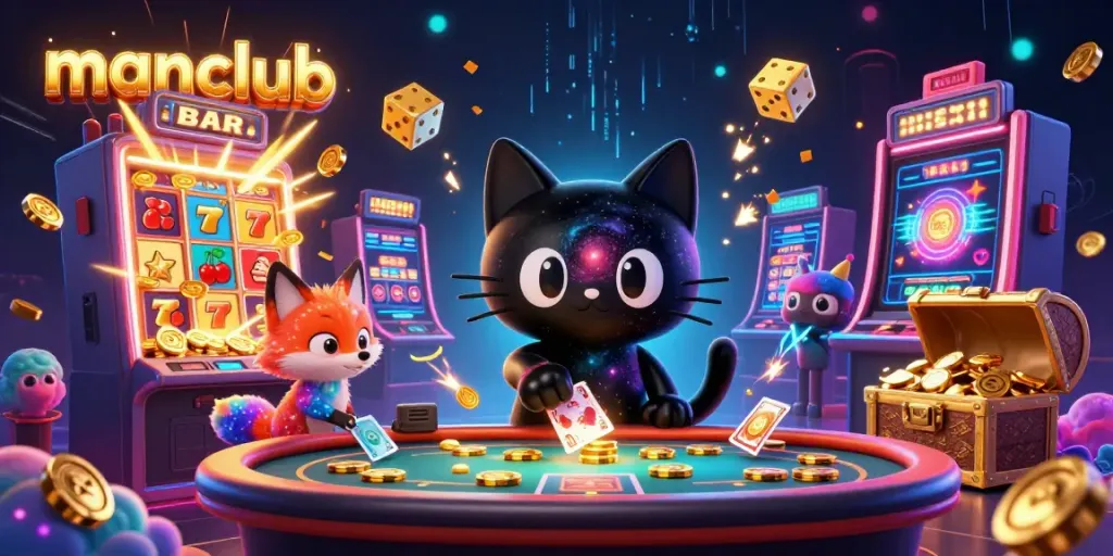 Win at manclub with a cosmic casino table featuring a black hole cat and vibrant slots.